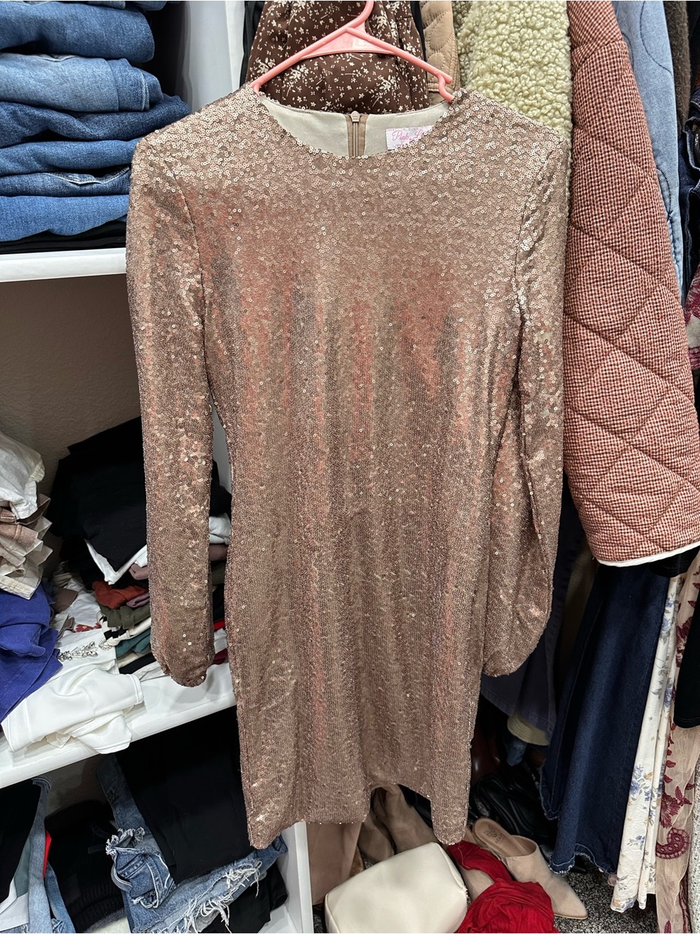 Pink Lily Rose Gold Sequin Long Sleeve Shift Dress